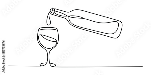 Minimalist line drawing of wine bottle pouring into a wine glass