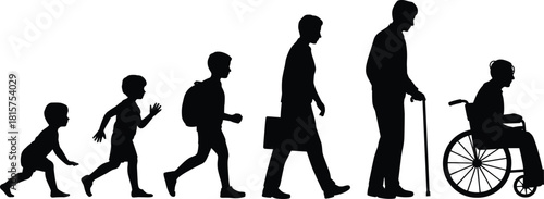 Human life stages silhouette timeline, child to elderly with wheelchair, aging process, life cycle concept, black vector illustration sequence
