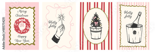 Crayon style holiday cards collection. Hand drawn whimsical sketches of Christmas posters with wreath, hand with sparkler, Christmas tree with bows and bottle in bucket.