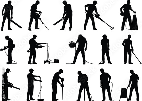 Industrial worker silhouettes using power tools, construction maintenance activities, drilling and cleaning processes, professional labor vector illustration set for commercial design