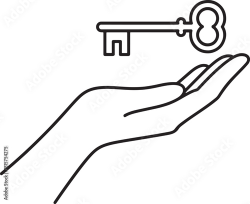 Hand holding key outline as concept of protection safety access unlocking solution