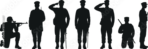 Military soldier silhouette collection, army troops saluting and combat poses, patrol guard security service, veteran honor, tactical defense vector illustration