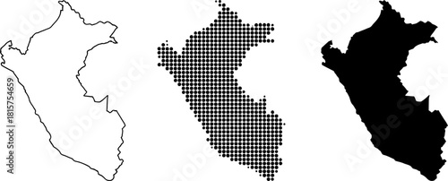 Peru Map Outline, Dotted Silhouette, and Black Shape