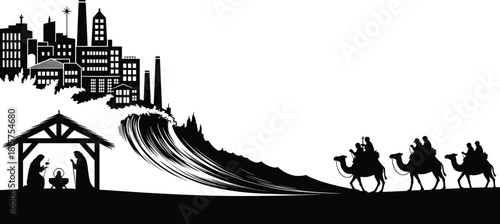 Modern nativity silhouette with city skyline, holy family under stable, three wise men on camels, dramatic wave concept, black illustration