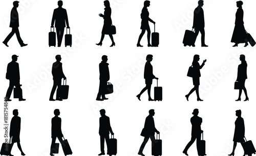 Silhouettes of traveling people, walking passengers with luggage, business travelers, airport commuters, journey concept, vector traveler collection, tourism graphic set