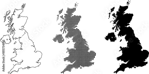 Great Britain map variations outline dotted silhouette
