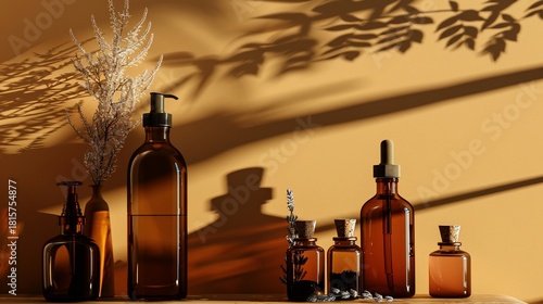 Amber glass bottles and jars, lit by sunlight, with botanical and shadow accents