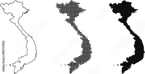Vietnam Map Outline, Dotted, and Silhouette on White Background