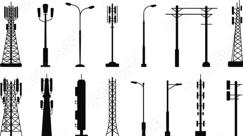 Telecommunication tower and street light silhouettes, cellular network infrastructure, power line poles, urban communication equipment, black vector illustration icon set