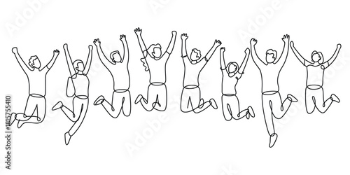 Group of happy jumping people in continuous line art illustration.