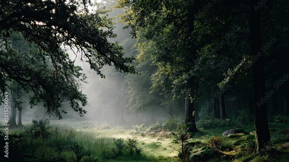 Obraz premium Misty Woods with Sunlight Streaming Through Trees