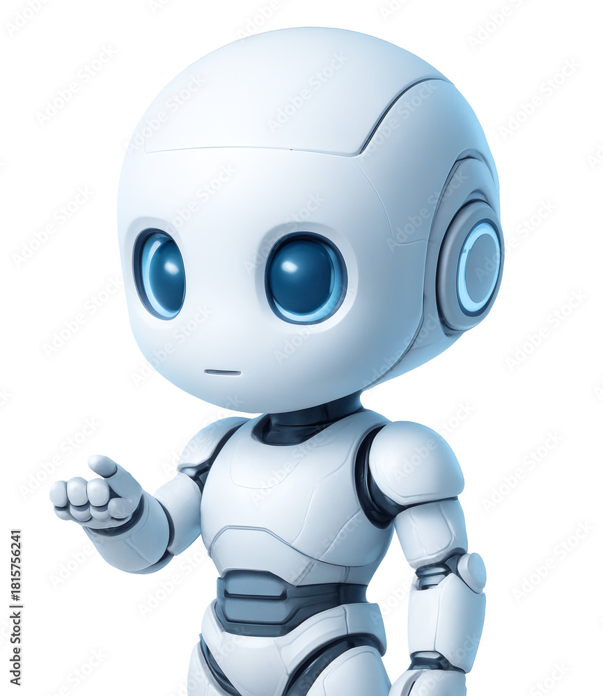 Fototapeta premium Cute 3D Robot Character Pointing Finger. Funny Artificial Intelligence Mascot Showing Invisible Object. Modern Android Virtual Assistant.