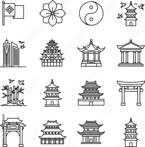Set of East Asian Architecture and Cultural Symbols Line Art Icons Vector Illustration - Pagoda, Torii Gate, and Temple Outline Graphic