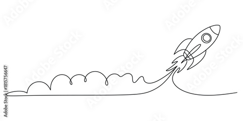 Continuous line art rocket launch ascending with smoke trail