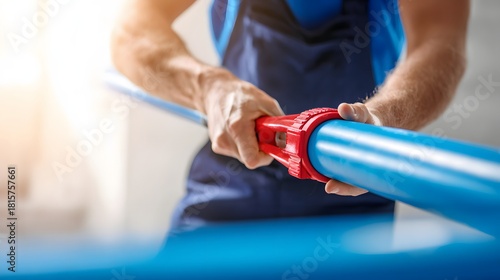 Skilled worker uses specialized tool to cut a large diameter blue plastic pipe in a brightly lit workspace