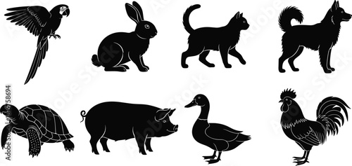 Black Silhouette Vector Set of Domestic and Exotic Animals Including Parrot, Cat, Dog, Pig, Duck, Rooster, Rabbit, and Tortoise on White Background