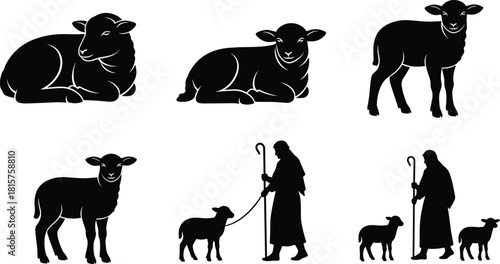 Black Silhouette Vector Set of Lambs and Shepherd, Ideal for Christian, Religious, Easter, and Nativity Scene Designs, Representing Purity and Faith.