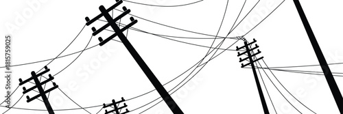 Power line poles silhouette, tangled electrical wires, urban infrastructure abstract, electricity transmission network, storm damage concept, black and white vector illustration