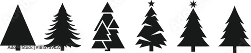 Collection of six diverse Christmas tree silhouettes featuring simple, abstract, and decorated conifer shapes with stars, in black vector icons set. (20 words)