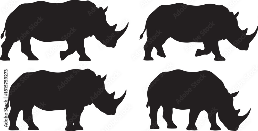 Fototapeta premium Collection of rhinoceros silhouettes in different walking stances showing thick skin and iconic horns set vector illustration
