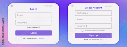 Modern UI register and login layout. Sign in and sign up forms with gradient background. Website user registration design.
