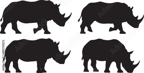 Collection of rhinoceros silhouettes in different walking stances showing thick skin and iconic horns set vector illustration