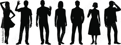 People standing silhouette collection, diverse men and women poses, casual lifestyle characters, modern human figures outline vector illustration set design