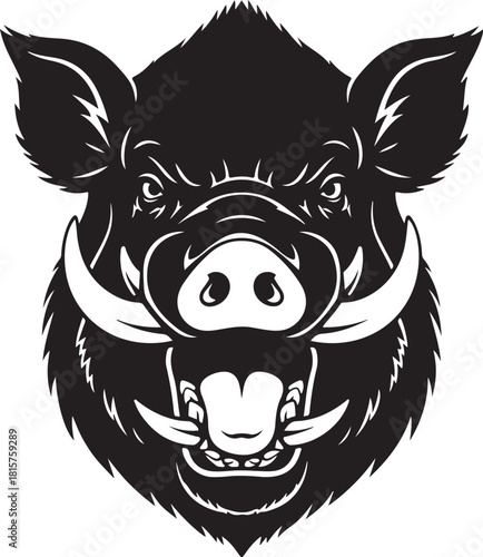 Angry wild boar head mascot graphic design illustration detailed drawing with large tusks snout and wide open aggressive mouth