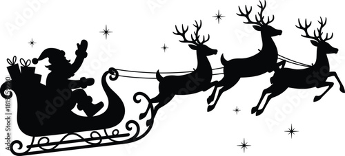 Santa Claus silhouette flying sleigh with reindeer, Christmas night sky stars, holiday magic illustration, winter festive design for greetings, decorations