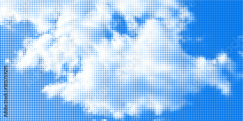Retro halftone sky with fluffy clouds. Dotted vintage texture. Pop art style