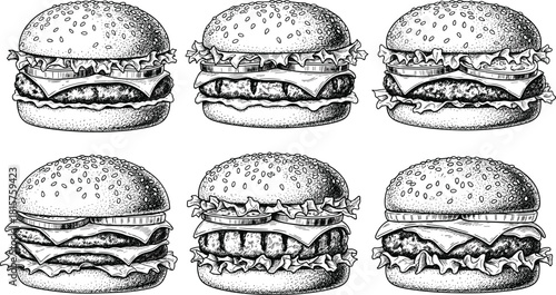 Hand-Drawn Collection of Six Engraved-Style Hamburgers and Cheeseburgers with Meat Patties, Lettuce, Cheese, and Sesame Seed Buns in Black and White