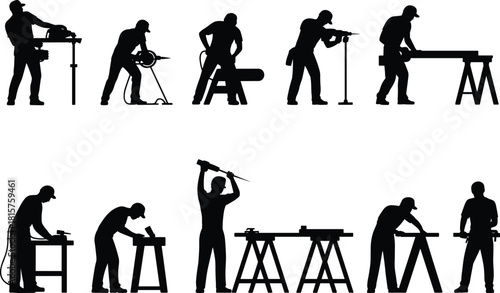 Silhouettes of construction workers using tools, carpenters cutting wood, builders drilling and sawing, labor workforce illustration, professional craftsmanship vector set