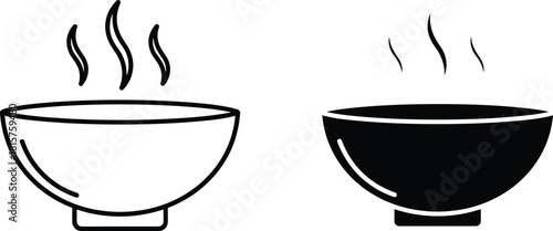 Hot Soup or Noodle Bowl Vector Icon Set Outline and Solid Style Isolated on White Background.