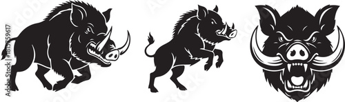 Set of wild boar or razorback running and rearing silhouettes and ferocious head logo black vector illustrations on transparent background