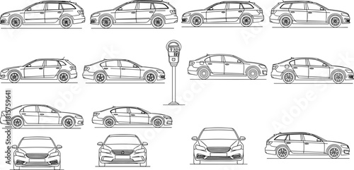 Large collection of various car outlines including sedans, station wagons, and front views, centered around a parking meter vector illustration set. (20 words)