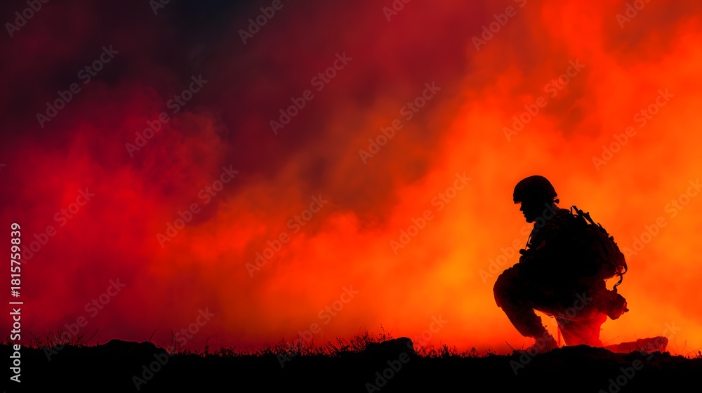 Obraz premium Silhouette of uniformed operative kneeling amidst intense fiery smoke and dramatic lighting