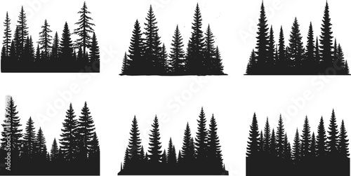 Pine Forest Silhouette Vector Set of Coniferous Tree Horizons Isolated on White Background for Landscape Design.