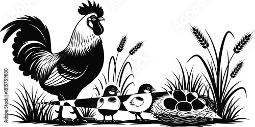 Rooster with Baby Chicks and Nest of Eggs Vector Silhouette for Agriculture or Farm Logo Design.