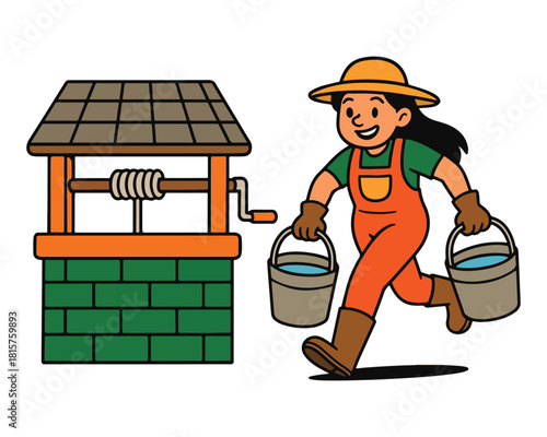 Smiling old cartoon farmer character with a hat holding a bucket of milk