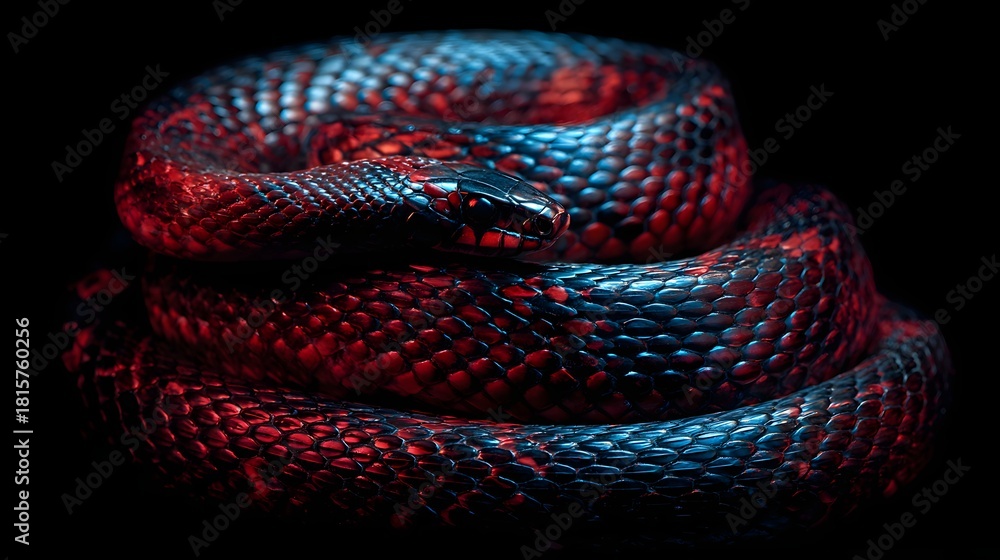 Fototapeta premium Coiled reptile skin illuminated dramatically with contrasting red and blue lighting