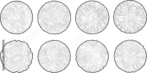 Set of eight abstract circular topographic map contours creating detailed organic texture patterns, in a seamless black and white vector illustration. (20 words)