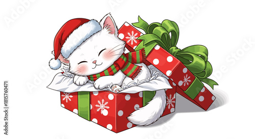 Adorable kitten in a Christmas gift box wearing Santa hat and scarf, perfect for holiday greetings and festive cheer for pet lovers everywhere