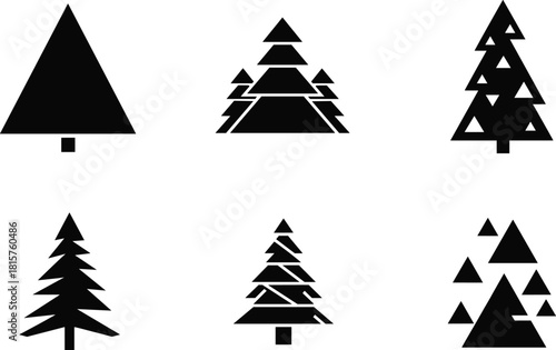 Set of six abstract and geometric Christmas tree silhouettes showcasing minimalist, triangle-based conifer shapes in simple black vector icons. (20 words)