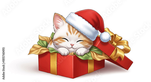 Adorable kitten wearing Santa hat peeking out of festive Christmas gift box full of ribbons, a heartwarming holiday greeting card or social media post