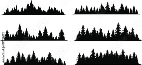 Set of six coniferous forest silhouettes featuring pine and spruce trees creating different wilderness borders and vector design elements in black. (20 words)