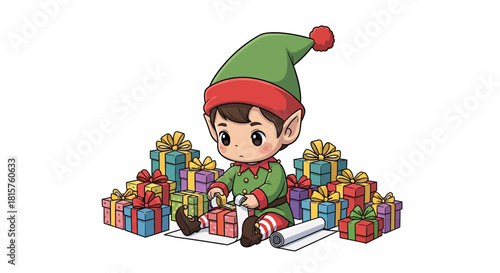 Adorable Christmas elf wrapping presents with joy and care, a heart-warming holiday scene perfect for festive greetings and children's content