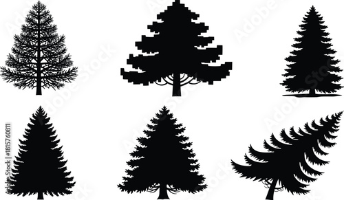 Vector collection of pine tree silhouettes featuring pixelated, bent, and realistic fir styles for forest landscape.