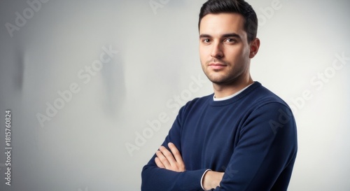 confident young man with crossed arms wearing casual navy sweater