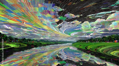 Colorful Abstract Landscape with Swirling Sky and Reflective River Scene