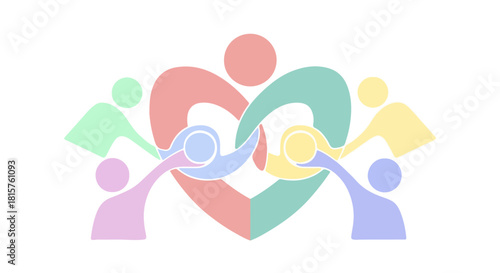Heart Symbol with Connected People Representing Community, Unity, Support, and Social Connection in a Colorful Illustration